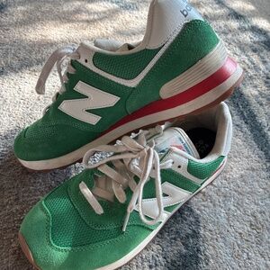 New Balance 574 Green and White Sneakers Red Trim